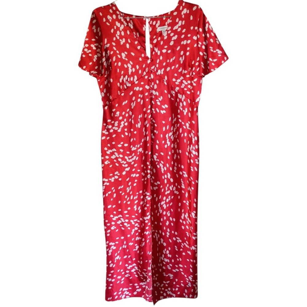 Topshop Red Satin‎ Abstract Dot V-Neck Flutter Sleeve Midi Tea Dress Size US 10